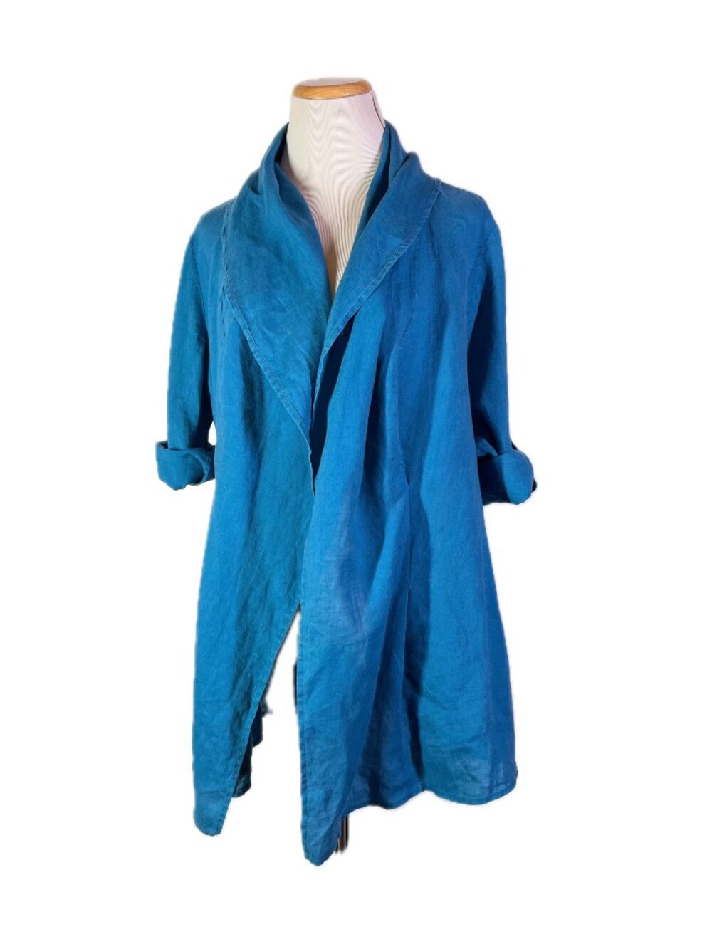 Soft Surroundings Size M Teal Linen Hooded Jacket Open-Front Roll-Tab Sleeves